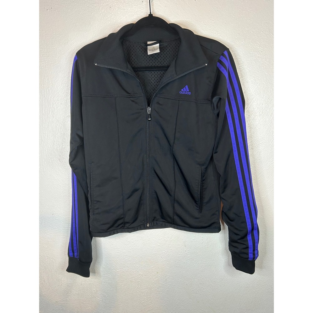 Vintage Adidas Women's Track Jacket Black Purple 3-Stripe Full Zip Medium Y2K